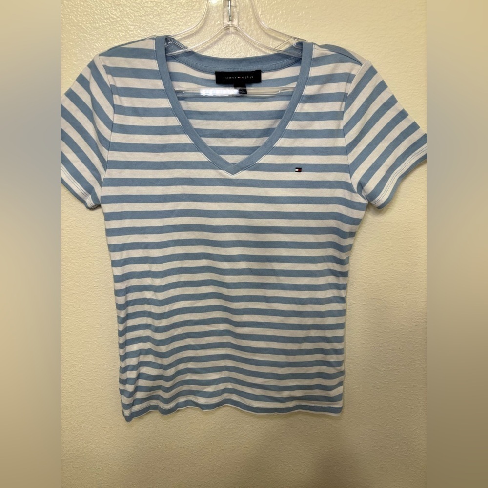 Tommy Hilfiger cotton Women's Sky Blue and White Striped Tee